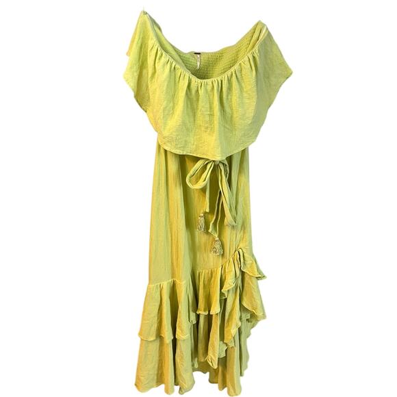 Free People Lime Green Flouncy Strapless Tiered Midi Dress Sz Medium - Picture 1 of 7